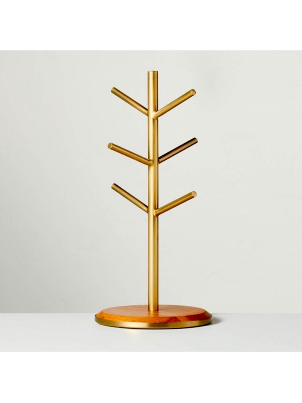 Hearth & Hand with Magnolia Brass & Wood Mug Tree Wooden Stand for 6 Mugs